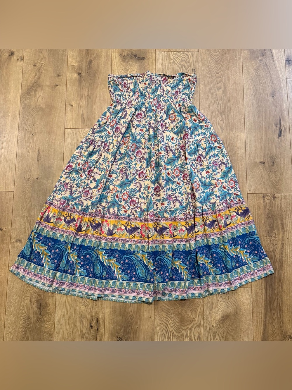 Women’s Blue Multicolor Boho Floral & Paisley Maxi Skirt Pull On XL